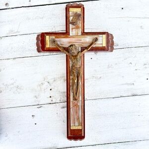 Wood Mother of Pearl Inlay Crucifix Wall Hanging for Last Rites Sick Call